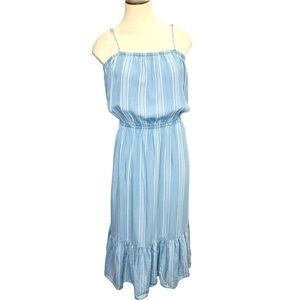 BB Dakota Midi Dress L Chambray Blue White Stripes Tencel Prairie Ruffle Hem